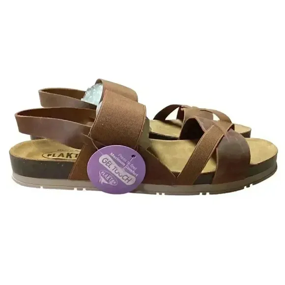 Plakton Gunter Women 8.5 39 Slingback Leather Slip On Cork Flat Sanals Brown NEW