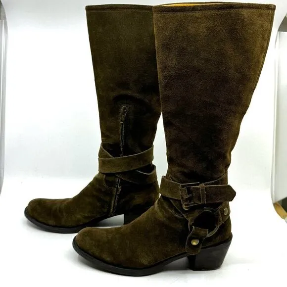 POLLINI Way-out Olive Suede Buckle Riding Boots
