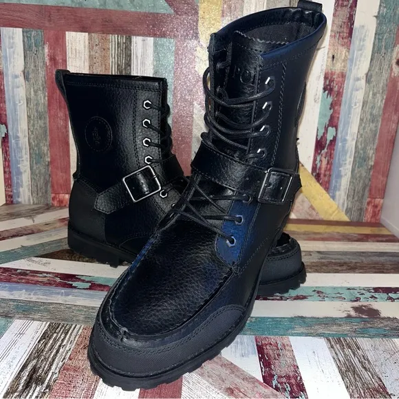 Polo Ralph Lauren Men’s Weybrook Leather Ranger Boots Buckle EUC Black SZ 10.5