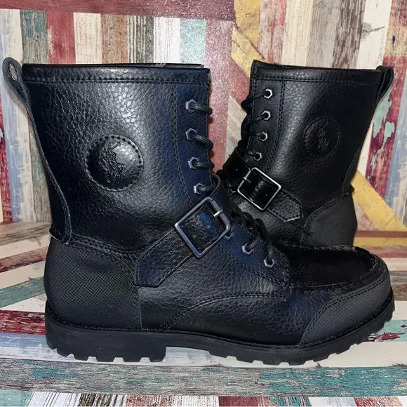 Polo Ralph Lauren Men’s Weybrook Leather Ranger Boots Buckle EUC Black SZ 10.5