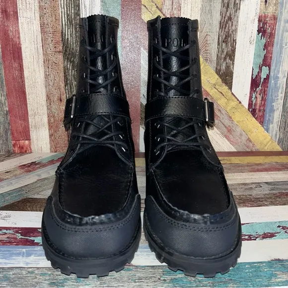 Polo Ralph Lauren Men’s Weybrook Leather Ranger Boots Buckle EUC Black SZ 10.5