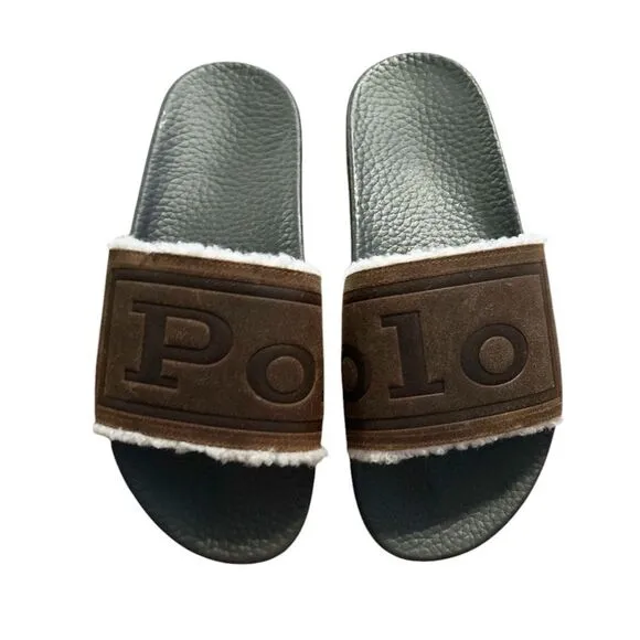 Polo Ralph Lauren Faux Fur Slides Sandals Brown Leather Cayson Men's Size 10
