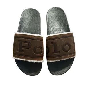 Polo Ralph Lauren Faux Fur Slides Sandals Brown Leather Cayson Men's Size 10