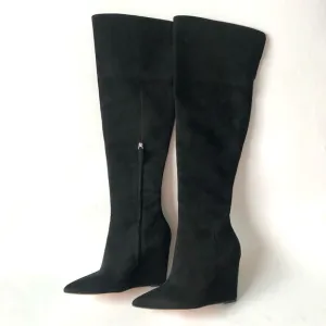 Pour La Victoire Serra Knee-High Wedge Boots, Black Suede Size 6.5