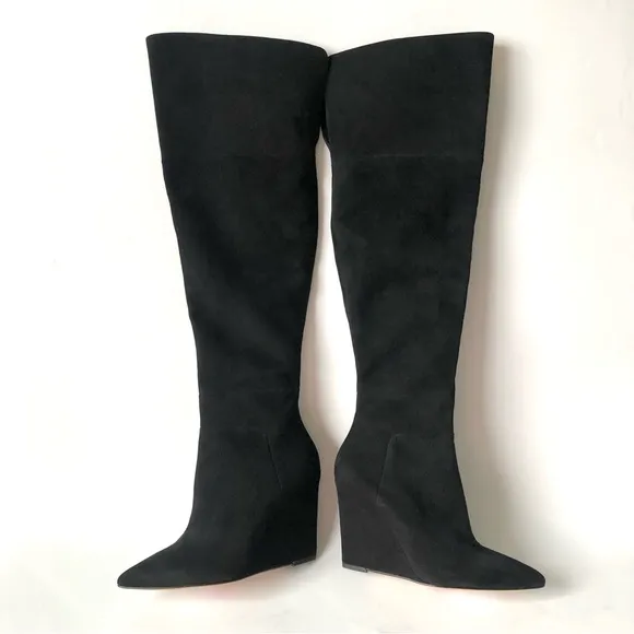Pour La Victoire Serra Knee-High Wedge Boots, Black Suede Size 6.5
