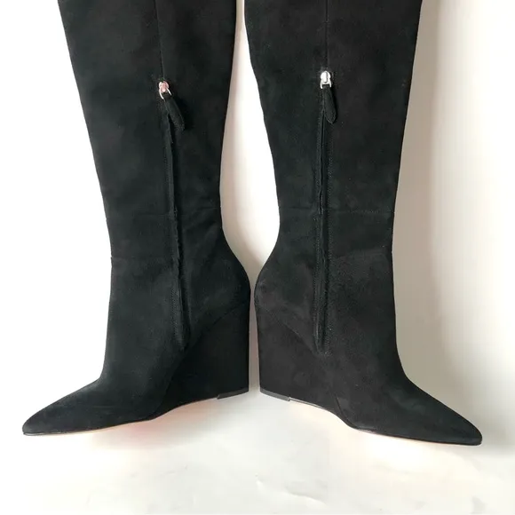 Pour La Victoire Serra Knee-High Wedge Boots, Black Suede Size 6.5