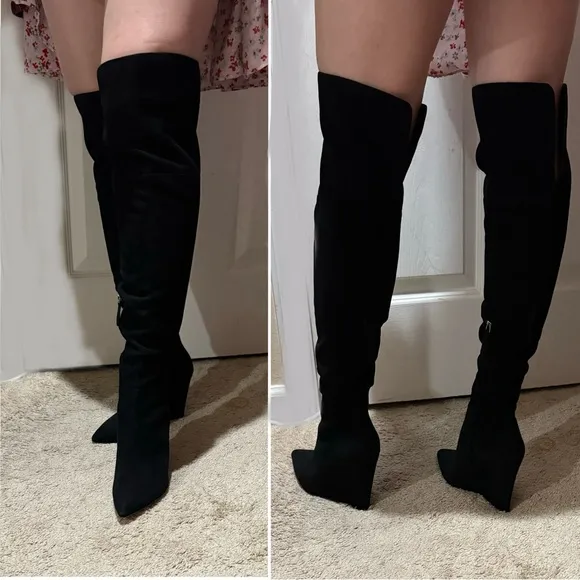 Pour La Victoire Serra Knee-High Wedge Boots, Black Suede Size 6.5