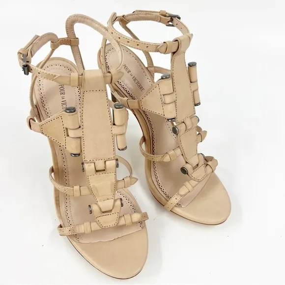 ✅Pour la Victoire Sierra High Heel Sandals cognac Size 9.5 Cowhide Leather Upper