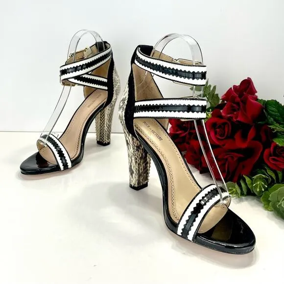 POUR LA VICTOIRE VERONICA SNAKESKIN, BLACK &amp; WHITE LEATHER HIGH HEEL SANDAL🆕