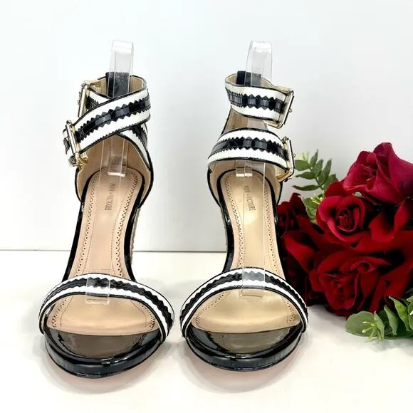 POUR LA VICTOIRE VERONICA SNAKESKIN, BLACK &amp; WHITE LEATHER HIGH HEEL SANDAL🆕