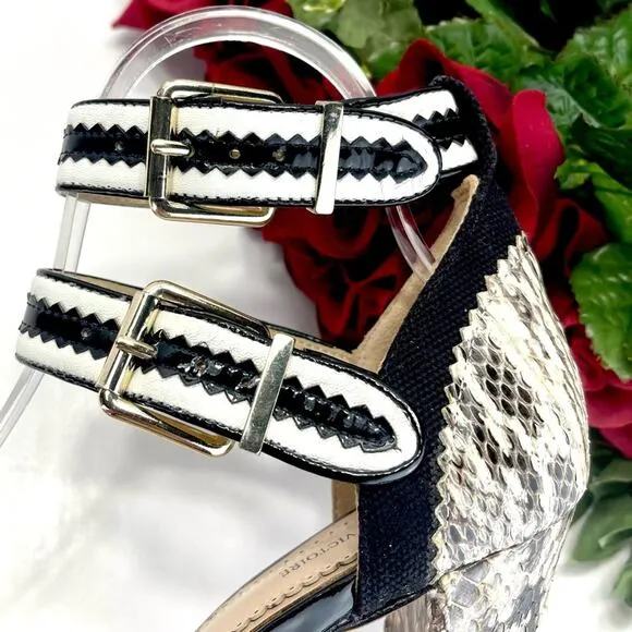 POUR LA VICTOIRE VERONICA SNAKESKIN, BLACK &amp; WHITE LEATHER HIGH HEEL SANDAL🆕