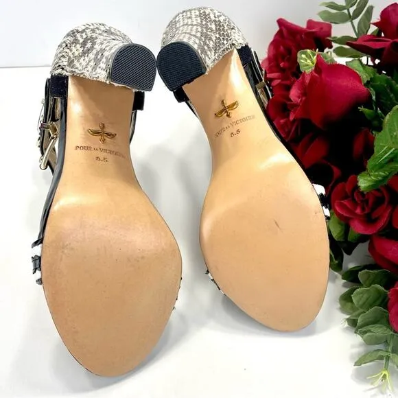 POUR LA VICTOIRE VERONICA SNAKESKIN, BLACK &amp; WHITE LEATHER HIGH HEEL SANDAL🆕