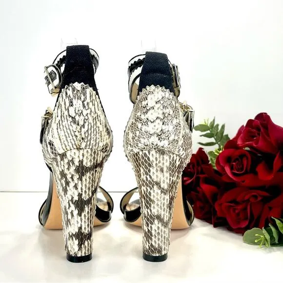 POUR LA VICTOIRE VERONICA SNAKESKIN, BLACK &amp; WHITE LEATHER HIGH HEEL SANDAL🆕