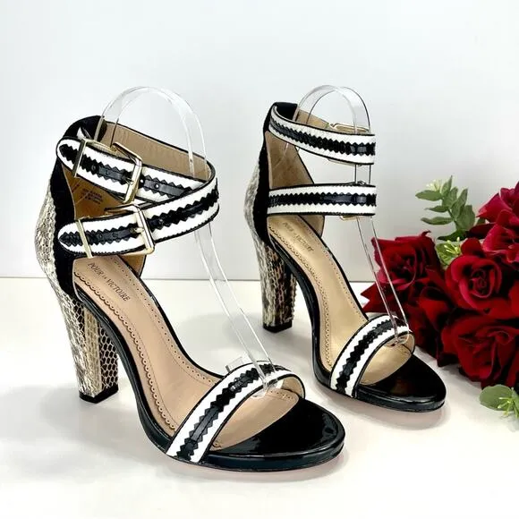POUR LA VICTOIRE VERONICA SNAKESKIN, BLACK &amp; WHITE LEATHER HIGH HEEL SANDAL🆕