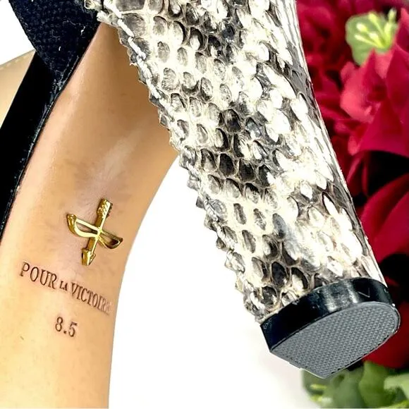 POUR LA VICTOIRE VERONICA SNAKESKIN, BLACK &amp; WHITE LEATHER HIGH HEEL SANDAL🆕
