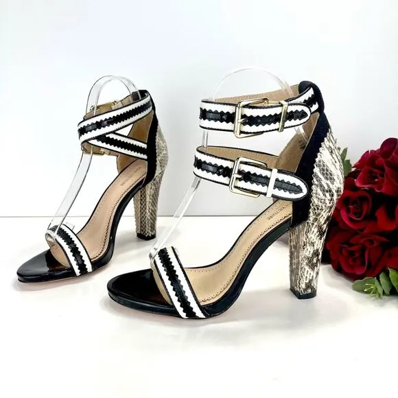 POUR LA VICTOIRE VERONICA SNAKESKIN, BLACK &amp; WHITE LEATHER HIGH HEEL SANDAL🆕