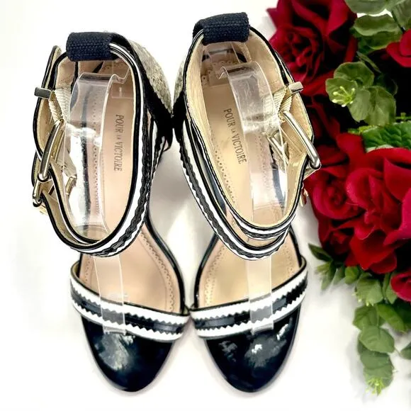 POUR LA VICTOIRE VERONICA SNAKESKIN, BLACK &amp; WHITE LEATHER HIGH HEEL SANDAL🆕