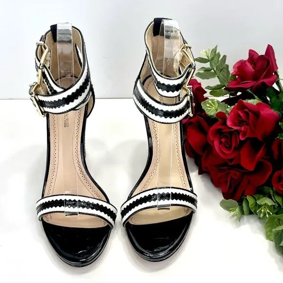 POUR LA VICTOIRE VERONICA SNAKESKIN, BLACK &amp; WHITE LEATHER HIGH HEEL SANDAL🆕