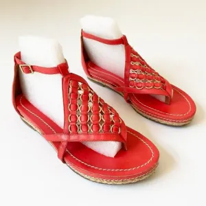 Pour La Victorie Kara Leather Thong Sandals Resort Coral Red Gold Flat Heel