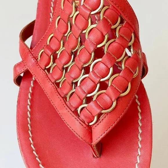 Pour La Victorie Kara Leather Thong Sandals Resort Coral Red Gold Flat Heel