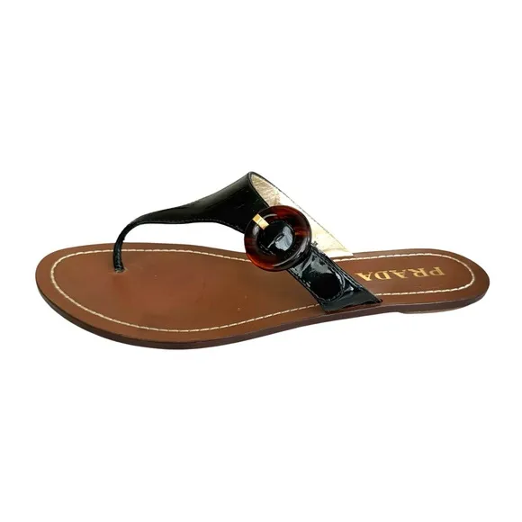 PRADA Black Patent Flat Sandals Leather Thong Slides Women’s 38