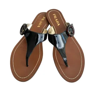 PRADA Black Patent Flat Sandals Leather Thong Slides Women’s 38