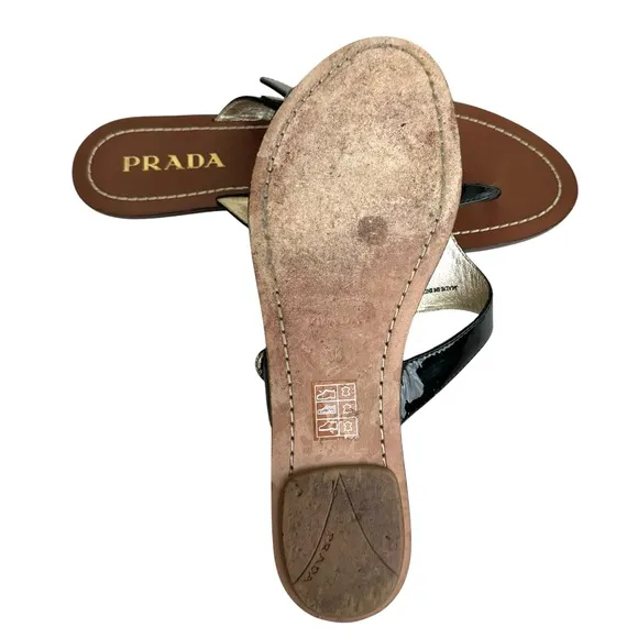 PRADA Black Patent Flat Sandals Leather Thong Slides Women’s 38