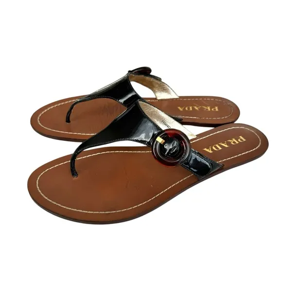 PRADA Black Patent Flat Sandals Leather Thong Slides Women’s 38