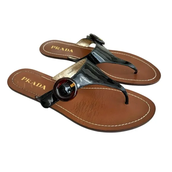 PRADA Black Patent Flat Sandals Leather Thong Slides Women’s 38