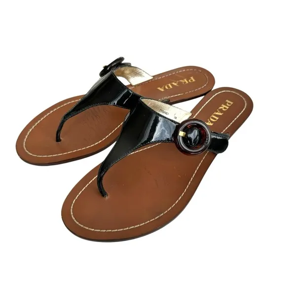 PRADA Black Patent Flat Sandals Leather Thong Slides Women’s 38