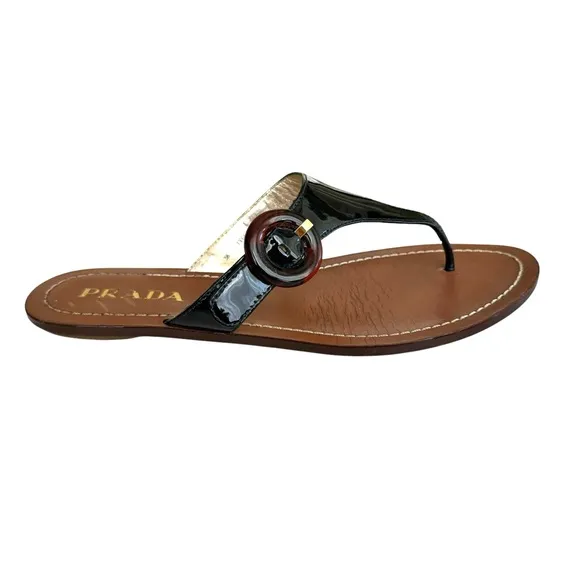 PRADA Black Patent Flat Sandals Leather Thong Slides Women’s 38