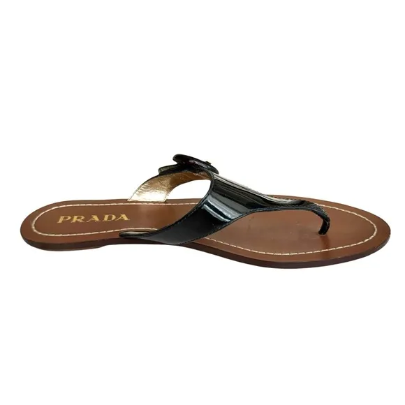 PRADA Black Patent Flat Sandals Leather Thong Slides Women’s 38