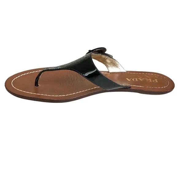 PRADA Black Patent Flat Sandals Leather Thong Slides Women’s 38