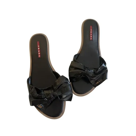 PRADA Black Patent Leather Bow Logo Sandals Size 37.5