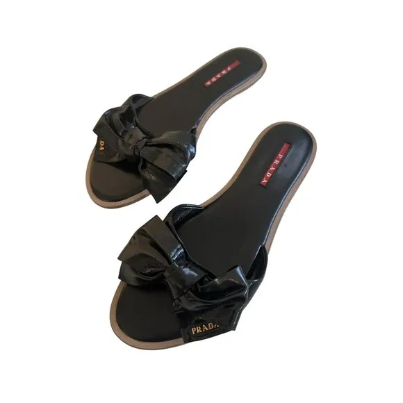 PRADA Black Patent Leather Bow Logo Sandals Size 37.5