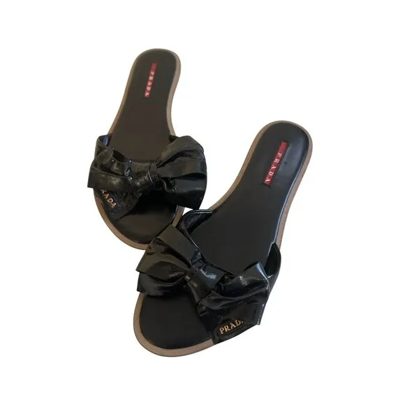 PRADA Black Patent Leather Bow Logo Sandals Size 37.5