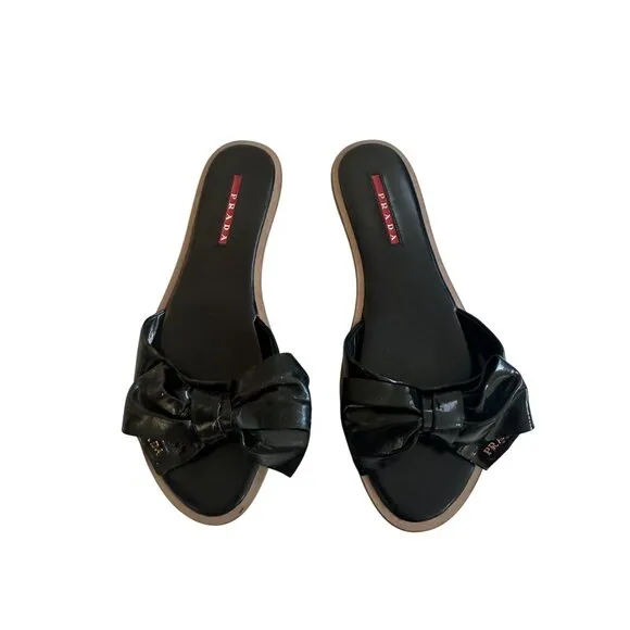 PRADA Black Patent Leather Bow Logo Sandals Size 37.5