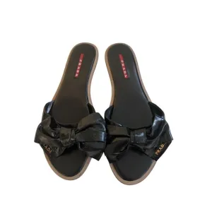 PRADA Black Patent Leather Bow Logo Sandals Size 37.5