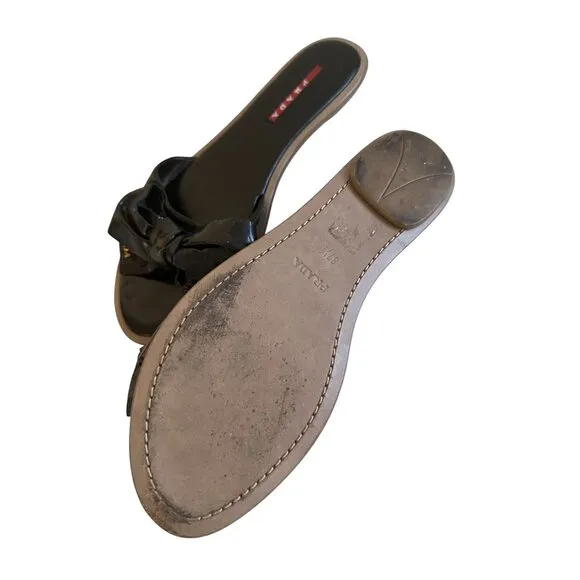 PRADA Black Patent Leather Bow Logo Sandals Size 37.5