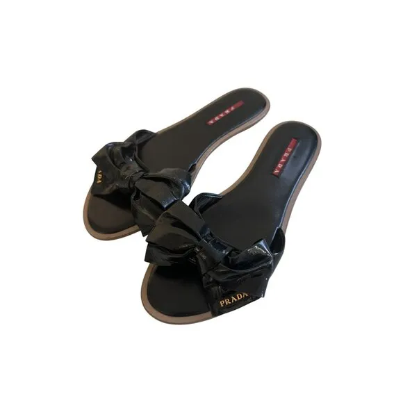 PRADA Black Patent Leather Bow Logo Sandals Size 37.5
