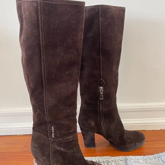 Prada Brown Heeled Boots with Classic Design and High Thick Heel