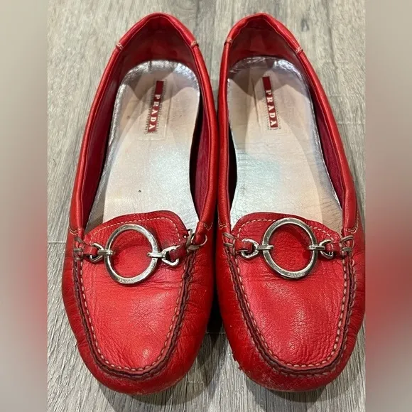 Prada EU36.5 (US6) Genuine Leather Loafers Silver Buckle