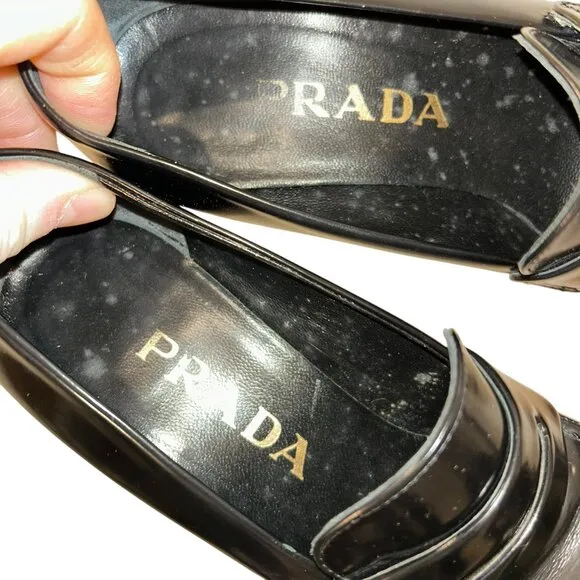 PRADA ITALY 90s INCREDIBLE black patent leather chunk heel loafers 6 1/2