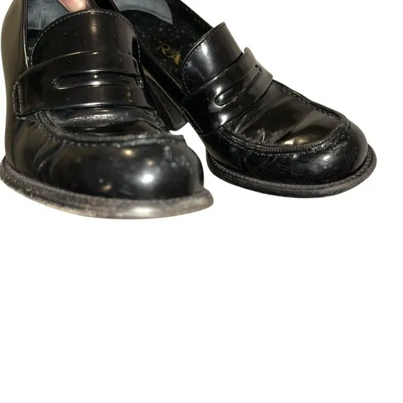 PRADA ITALY 90s INCREDIBLE black patent leather chunk heel loafers 6 1/2