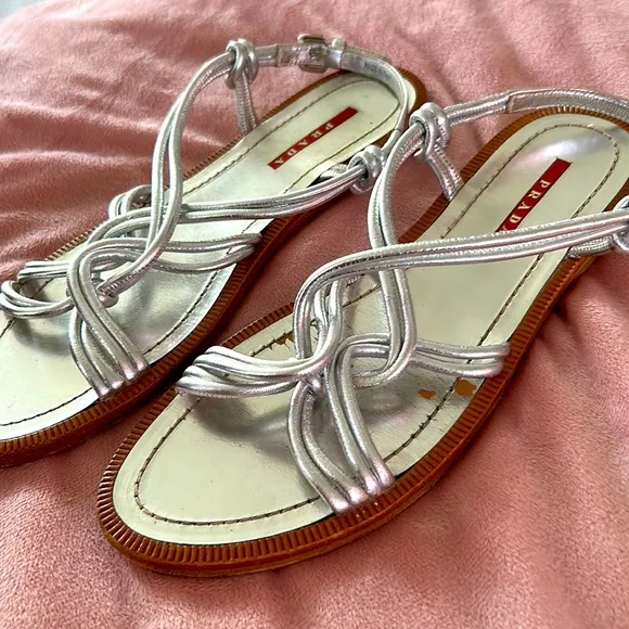 PRADA Metallic Silver Twist Flat Sandals