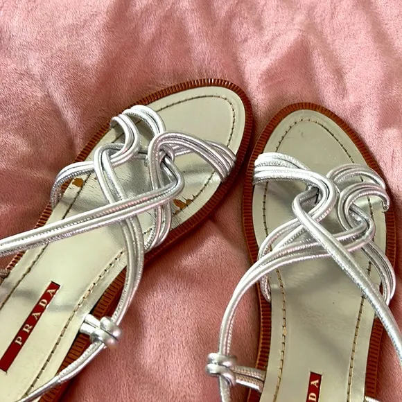 PRADA Metallic Silver Twist Flat Sandals