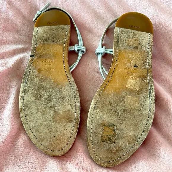 PRADA Metallic Silver Twist Flat Sandals
