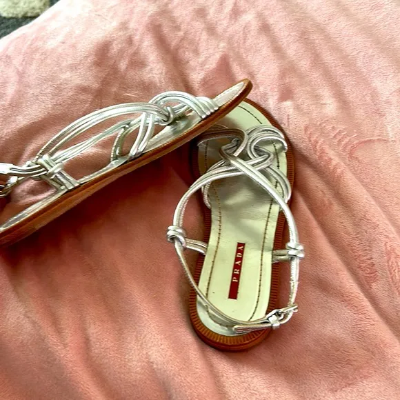 PRADA Metallic Silver Twist Flat Sandals