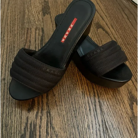 Prada Platform Slide Sandals Women's 6.5 Canvas/leather Black