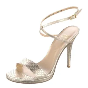 PRE-OWNED DESIGNER STUART WEITZMAN GOLD METALLIC LEATHER ANLE STRAP SANDALS 8.5